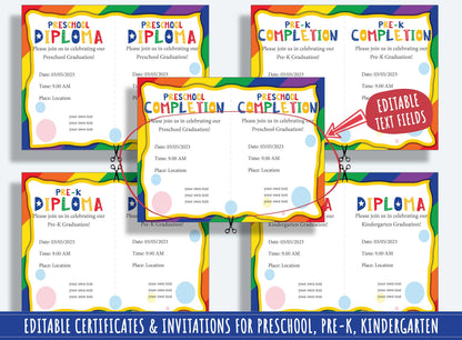 Creative Celebrations: Editable Certificate Templates, Diplomas, and Invitations for PreK and K, PDF File, Instant Download