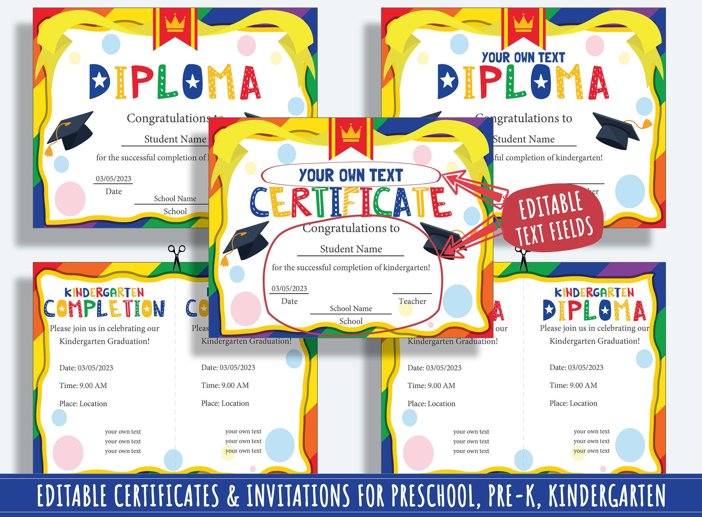 Creative Celebrations: Editable Certificate Templates, Diplomas, and Invitations for PreK and K, PDF File, Instant Download