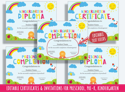 Kindergarten Milestones: Editable Completion Certificates, Diplomas, and Invitations - 37 Pages, PDF File, Instant Download