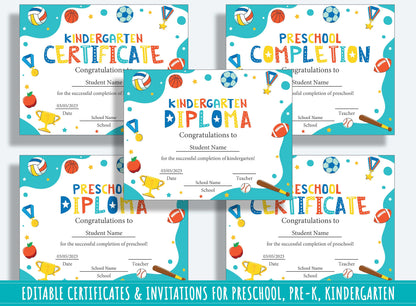 Editable Sports Awards, Completion Certificates, Diplomas, and Invitations for PreK, K - 37 Pages, PDF File, Instant Download