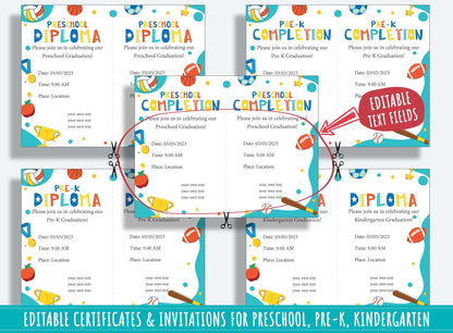 Editable Sports Awards, Completion Certificates, Diplomas, and Invitations for PreK, K - 37 Pages, PDF File, Instant Download