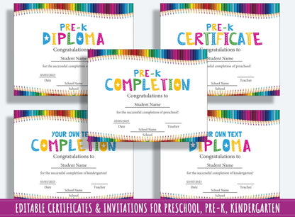 Editable Preschool Awards, Completion Certificates, Diplomas, and Invitations for PreK, K - 37 Pages, PDF File, Instant Download