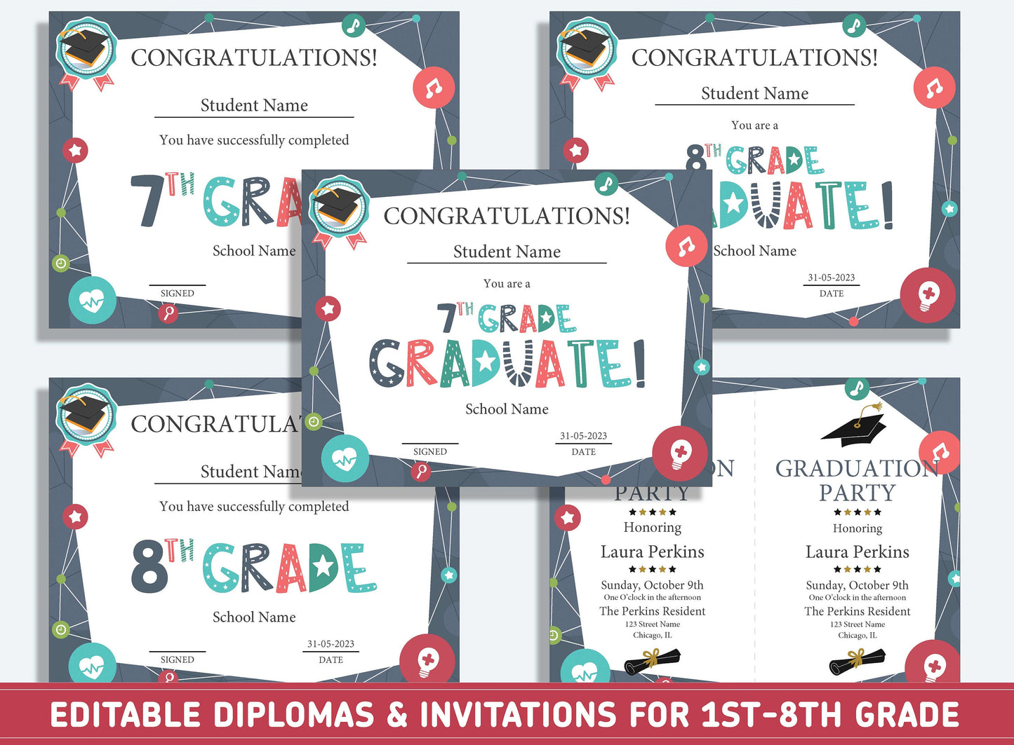 Editable 8th Grade Certificate, 1st to 8th Grade Diploma, Certificate of Completion & Invitation, PDF File, Instant Download