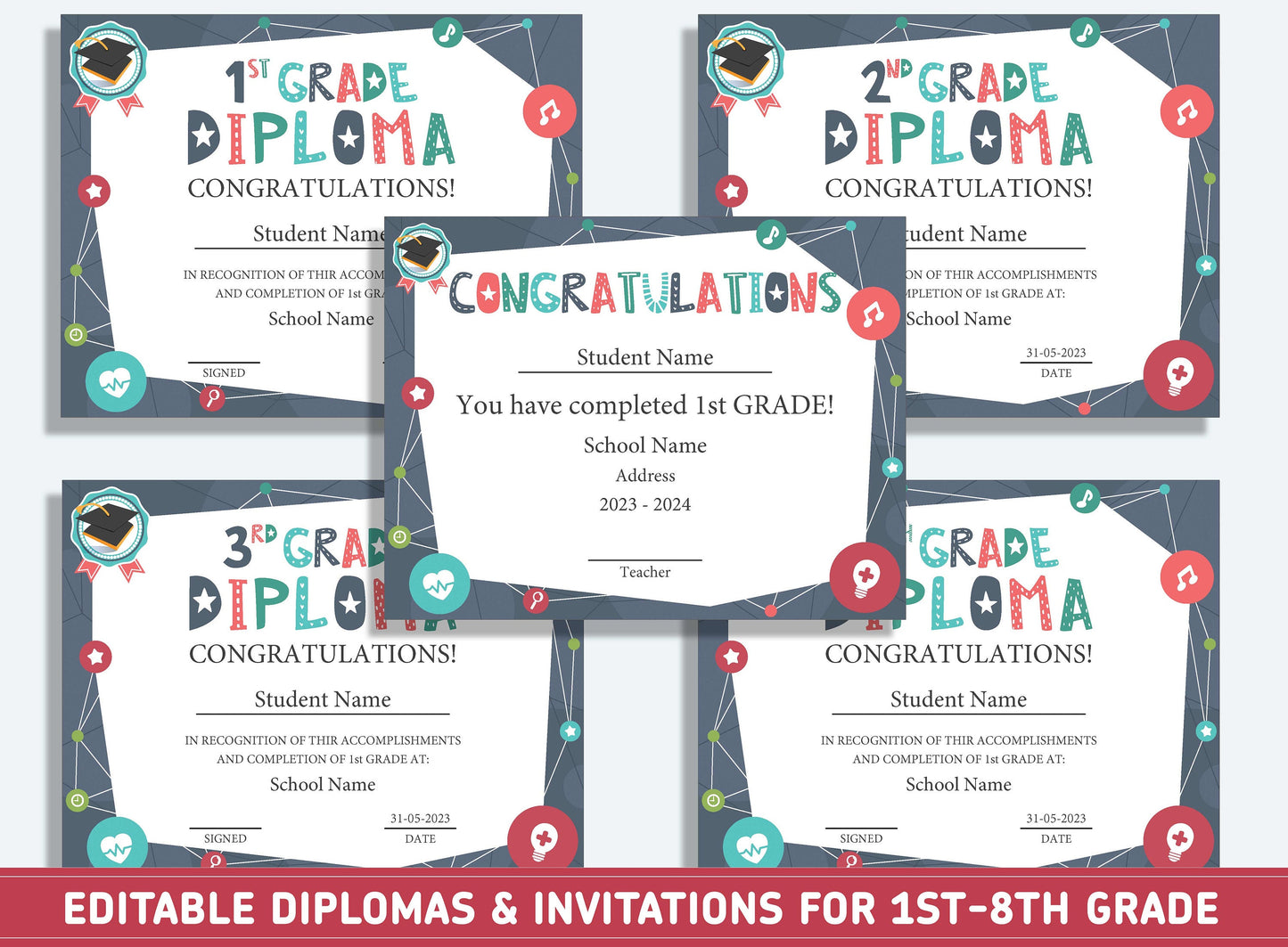 Editable 8th Grade Certificate, 1st to 8th Grade Diploma, Certificate of Completion & Invitation, PDF File, Instant Download