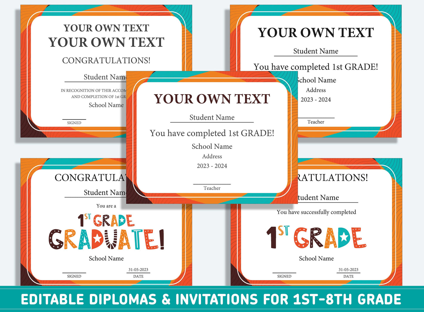 Editable 8th Grade Diploma, 1st to 8th Grade Diploma, Certificate of Completion & Invitation, PDF File, Instant Download