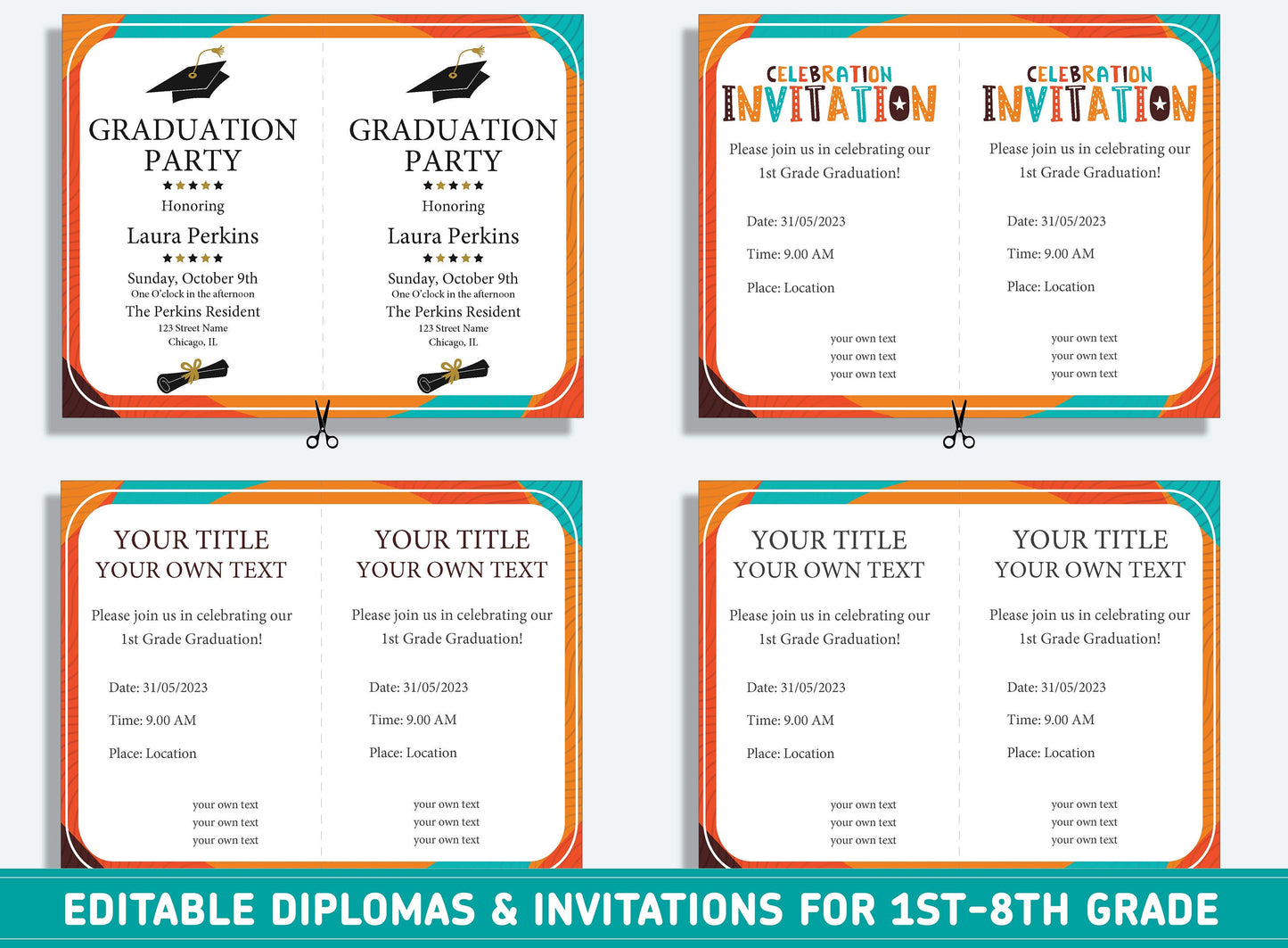 Editable 8th Grade Diploma, 1st to 8th Grade Diploma, Certificate of Completion & Invitation, PDF File, Instant Download