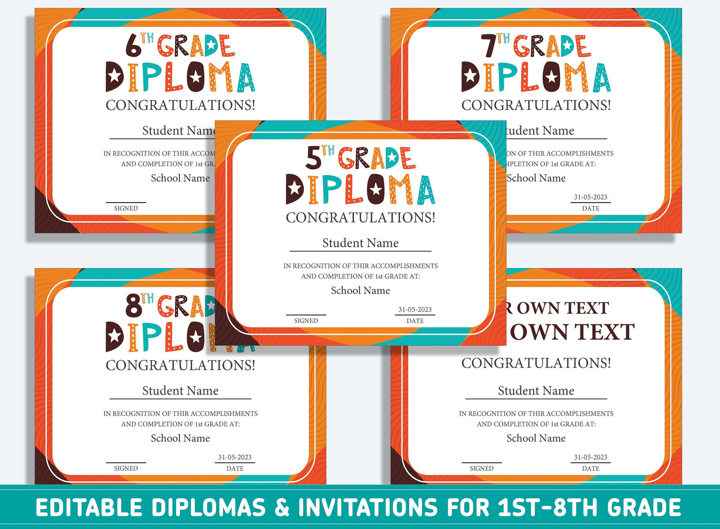 Editable 8th Grade Diploma, 1st to 8th Grade Diploma, Certificate of Completion & Invitation, PDF File, Instant Download