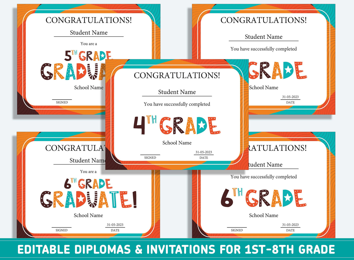 Editable 8th Grade Diploma, 1st to 8th Grade Diploma, Certificate of Completion & Invitation, PDF File, Instant Download