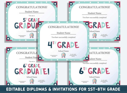 Editable First Grade Awards, 1st to 8th Grade Diploma, Certificate of Completion & Invitation, PDF File, Instant Download