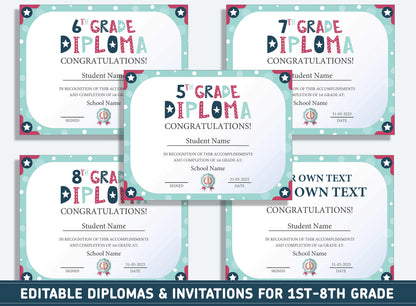 Editable First Grade Awards, 1st to 8th Grade Diploma, Certificate of Completion & Invitation, PDF File, Instant Download