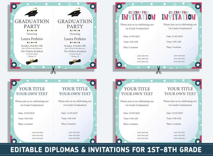 Editable First Grade Awards, 1st to 8th Grade Diploma, Certificate of Completion & Invitation, PDF File, Instant Download