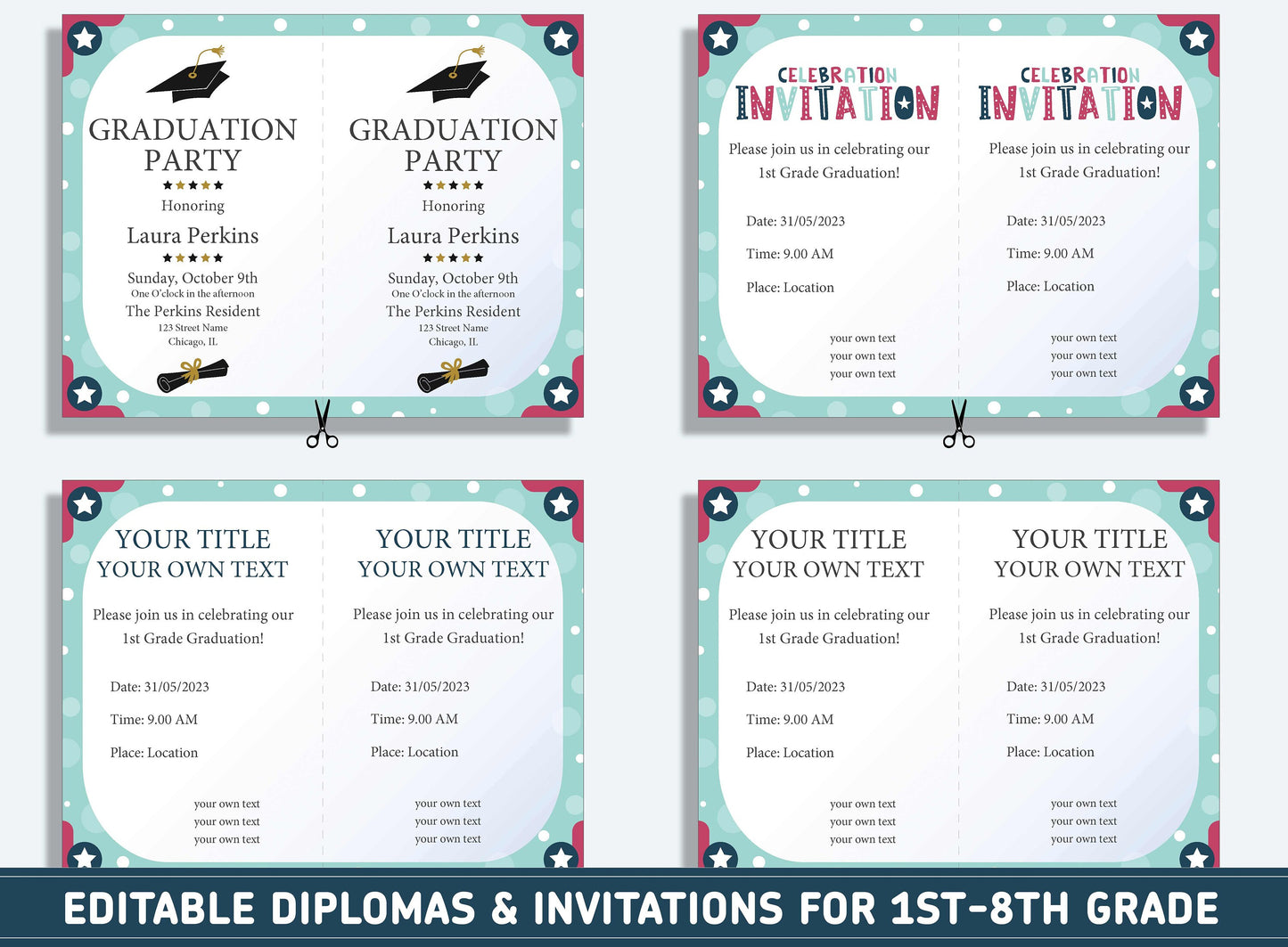 Editable First Grade Awards, 1st to 8th Grade Diploma, Certificate of Completion & Invitation, PDF File, Instant Download