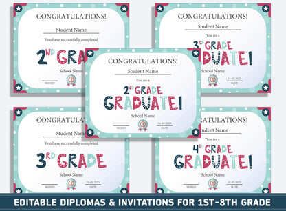 Editable First Grade Awards, 1st to 8th Grade Diploma, Certificate of Completion & Invitation, PDF File, Instant Download