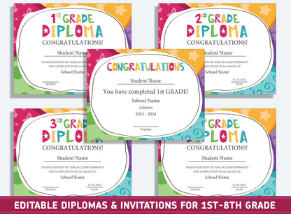 Editable First Grade Award Certificates, 1st to 8th Grade Diploma, Certificate of Completion & Invitation, PDF File, Instant Download