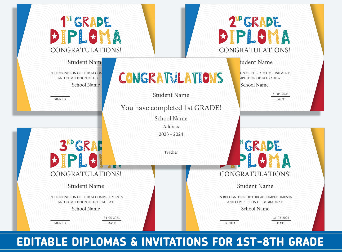 Editable 2nd Grade Graduation Certificate, 1st to 8th Grade Diploma, Certificate of Completion & Invitation, PDF File, Instant Download