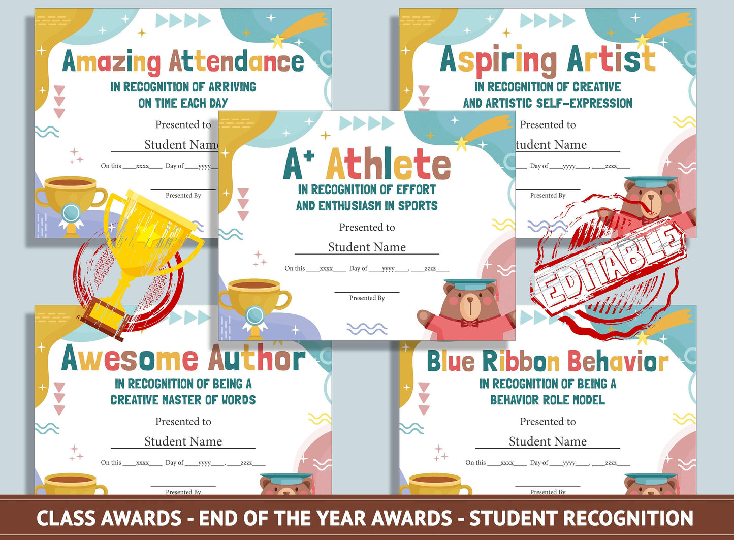 Class Awards Editable - End of the Year Awards - Student Recognition, PDF File, Instant Download