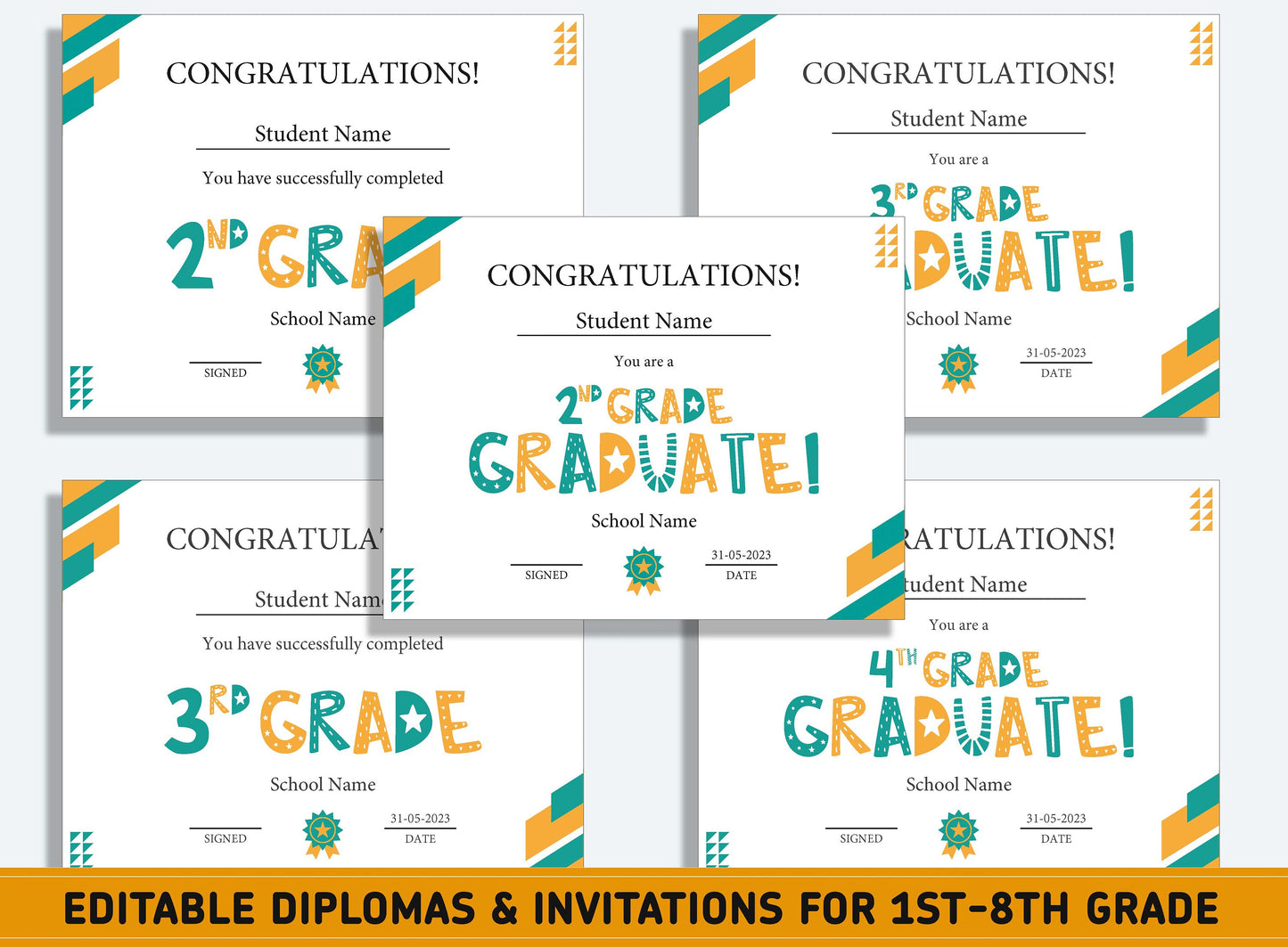 Editable First Grade, Second Grade Diploma Certificate of Completion & Invitation, PDF File, Instant Download