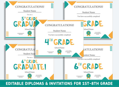 Editable 1st Grade Diploma, Second to 8th Grade Diploma, Certificate of Completion & Invitation, PDF File, Instant Download