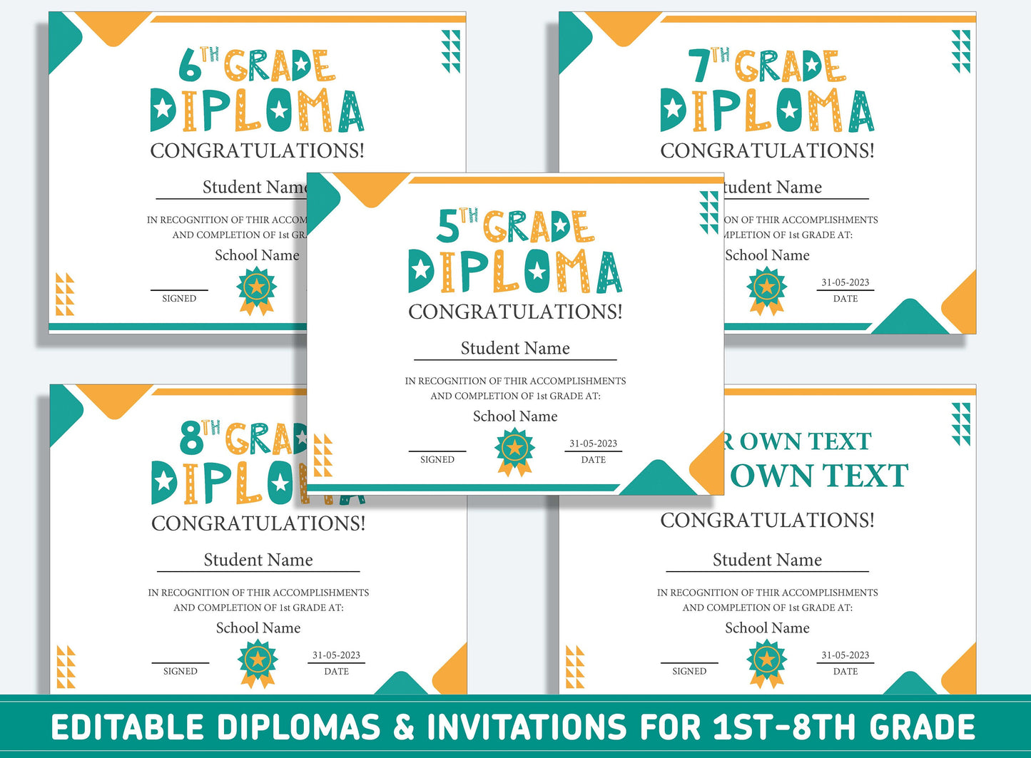 Editable 1st Grade Diploma, Second to 8th Grade Diploma, Certificate of Completion & Invitation, PDF File, Instant Download