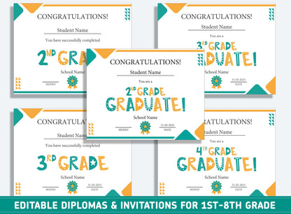 Editable 1st Grade Diploma, Second to 8th Grade Diploma, Certificate of Completion & Invitation, PDF File, Instant Download