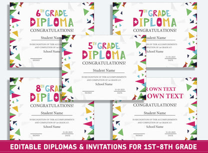 Editable 5th Grade Diploma, 1st to 8th Grade Diploma, Certificate of Completion & Invitation, PDF File, Instant Download