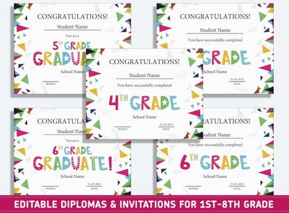 Editable 5th Grade Diploma, 1st to 8th Grade Diploma, Certificate of Completion & Invitation, PDF File, Instant Download