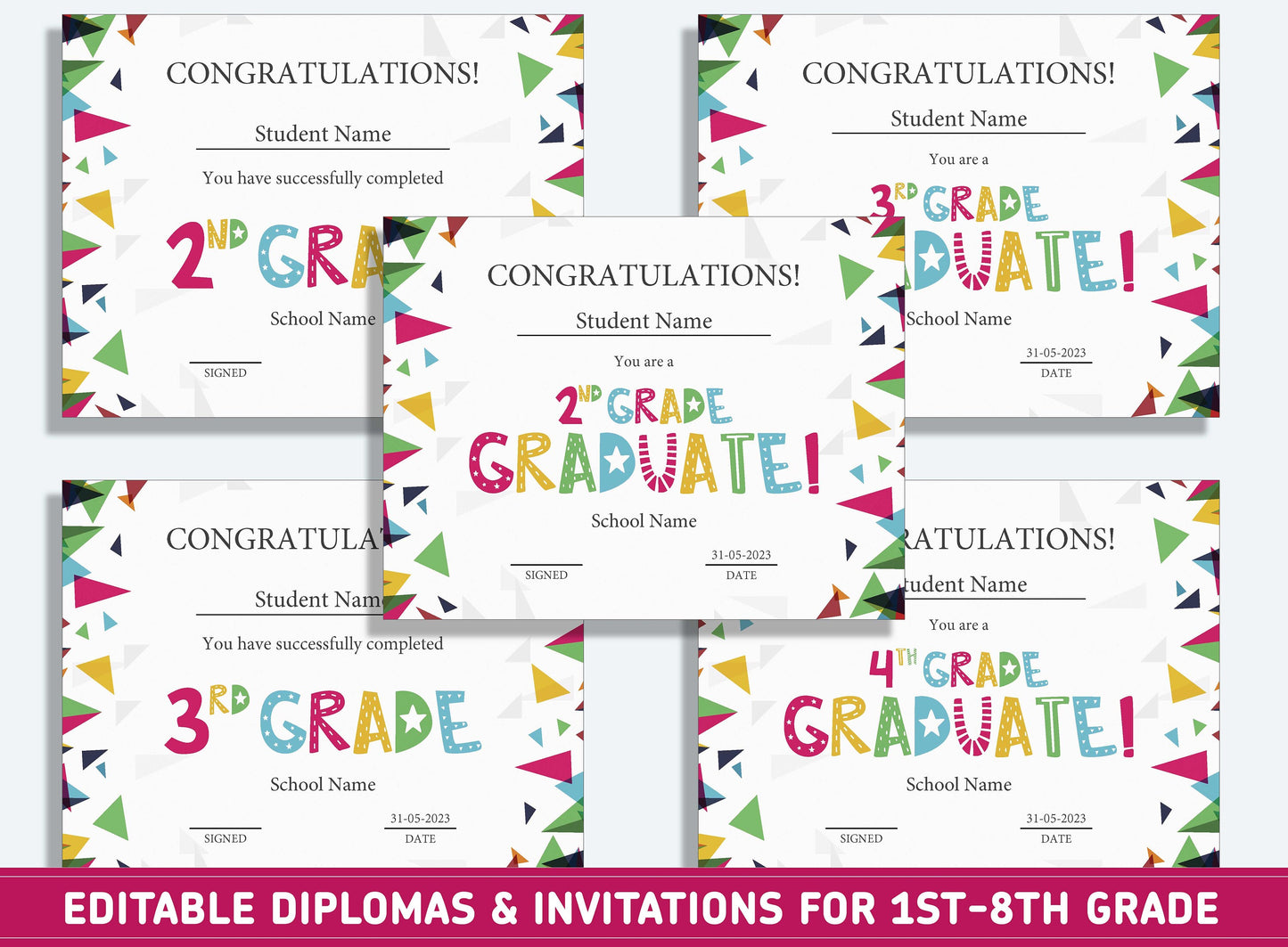 Editable 5th Grade Diploma, 1st to 8th Grade Diploma, Certificate of Completion & Invitation, PDF File, Instant Download