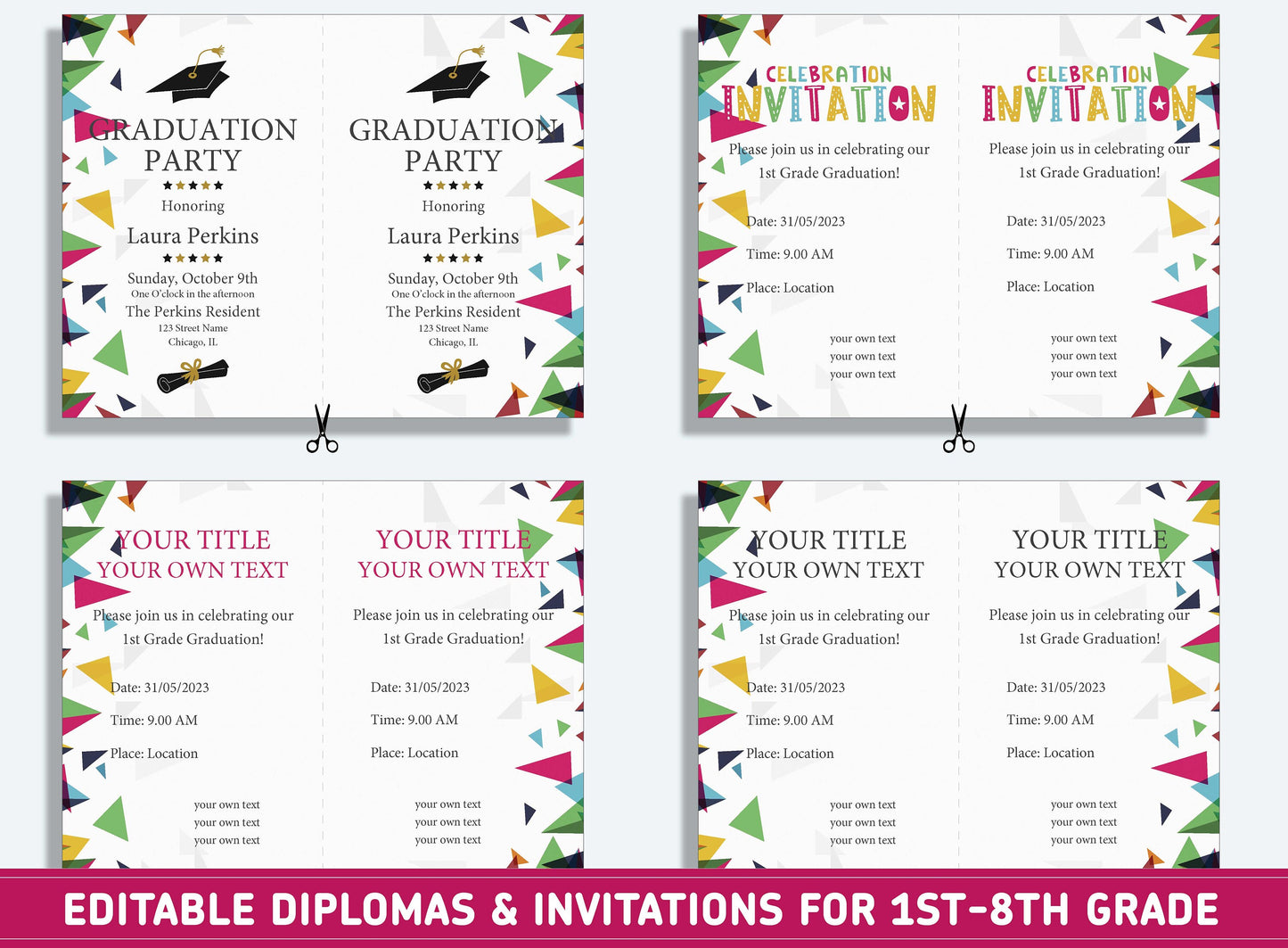 Editable 5th Grade Diploma, 1st to 8th Grade Diploma, Certificate of Completion & Invitation, PDF File, Instant Download