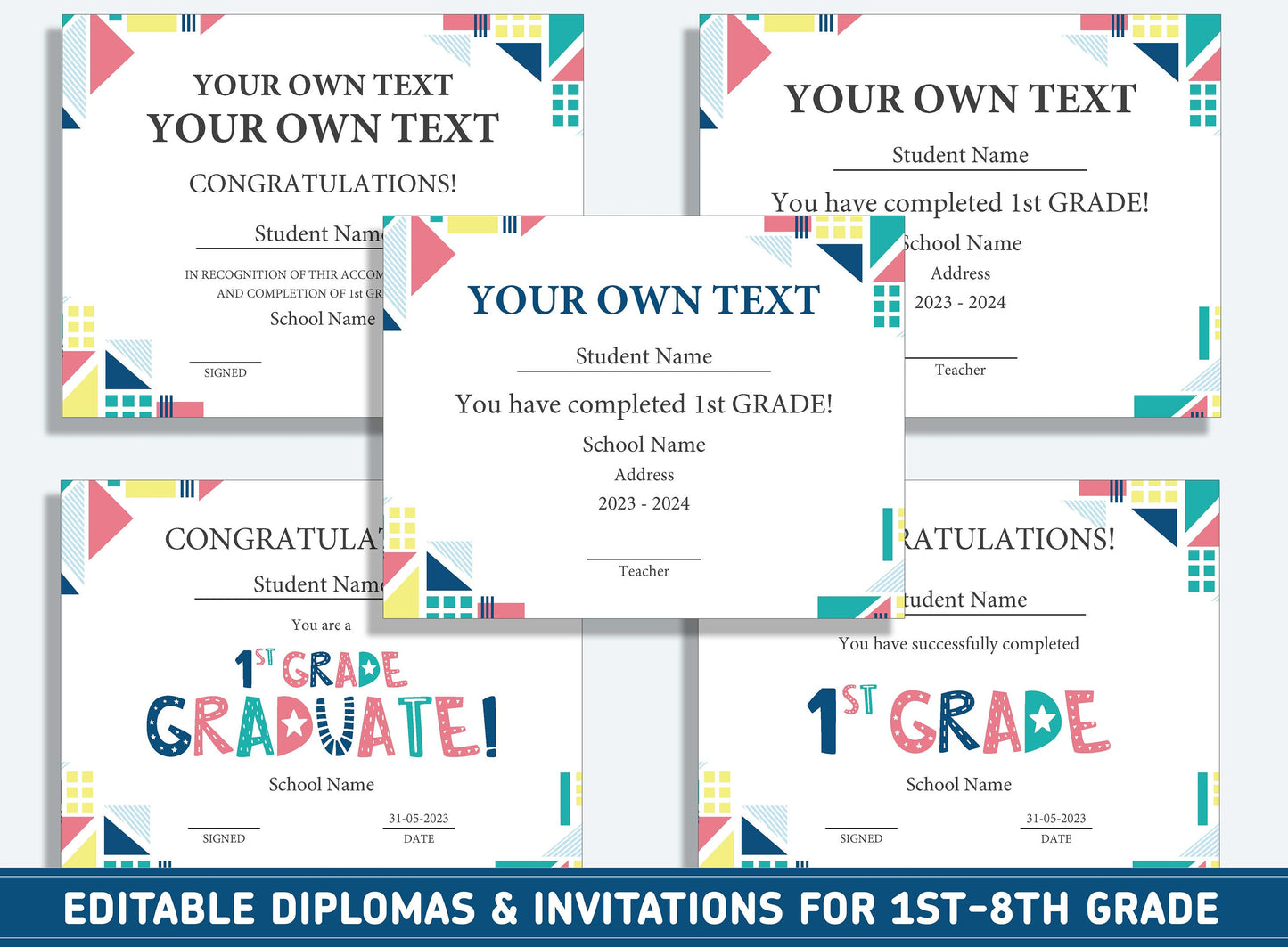 Editable 2nd Grade Diploma, 1st to 8th Grade Diploma, Certificate of Completion & Invitation, PDF File, Instant Download