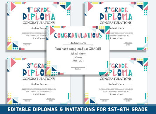 Editable 2nd Grade Diploma, 1st to 8th Grade Diploma, Certificate of Completion & Invitation, PDF File, Instant Download