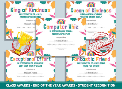 Editable End of Year Classroom Awards - End of the Year Awards - Student Recognition, PDF File, Instant Download