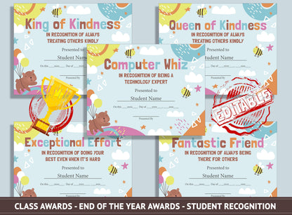 Editable End of the Year Classroom Awards - Student Recognition, PDF File, Instant Download