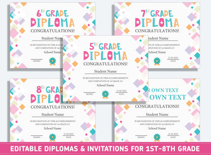 Editable 4th Grade Diploma, 1st to 8th Grade Diploma, Certificate of Completion & Invitation, PDF File, Instant Download