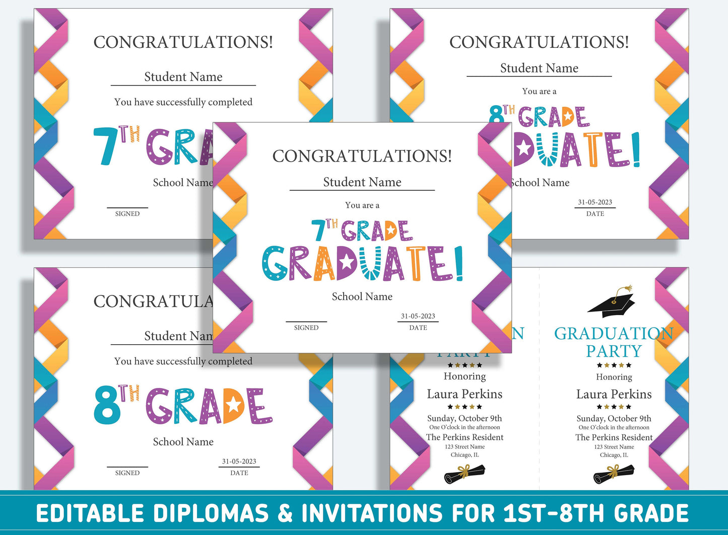 Editable 6th Grade Diploma, 1st to 8th Grade Diploma, Certificate of Completion & Invitation, PDF File, Instant Download