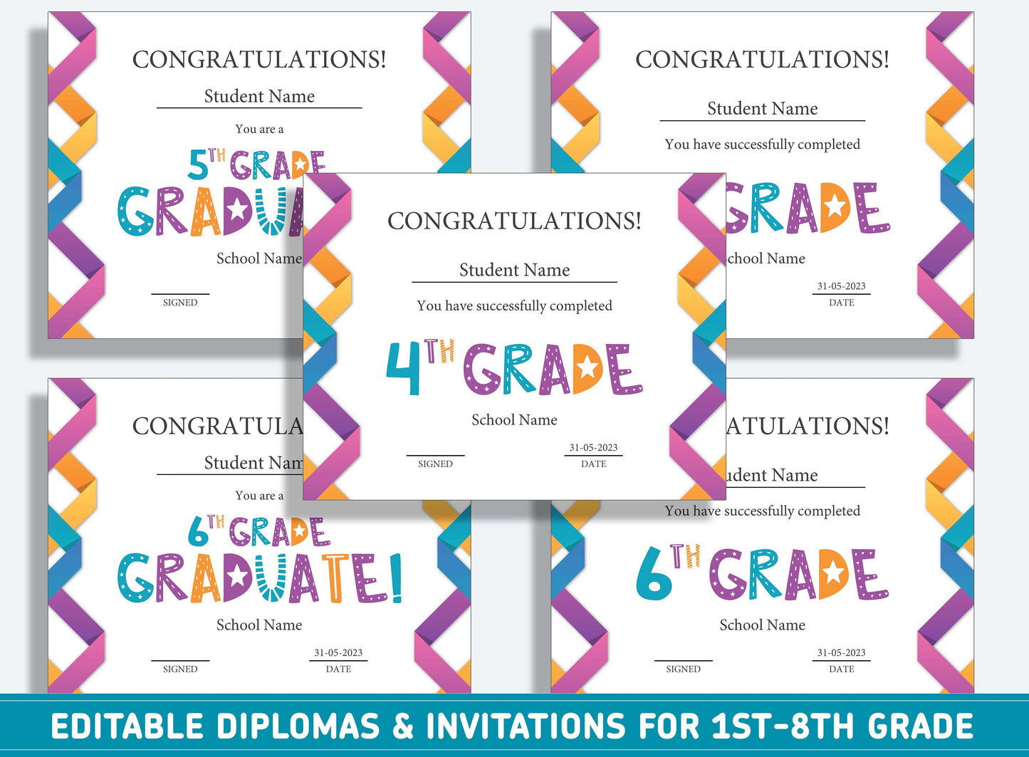Editable 6th Grade Diploma, 1st to 8th Grade Diploma, Certificate of Completion & Invitation, PDF File, Instant Download
