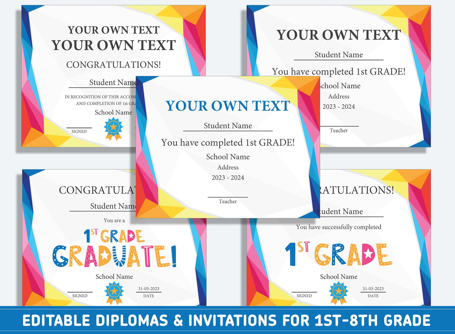 Editable 7th Grade Diploma, 1st to 8th Grade Diploma, Certificate of Completion & Invitation, PDF File, Instant Download