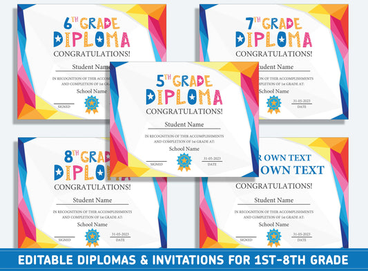 Editable 7th Grade Diploma, 1st to 8th Grade Diploma, Certificate of Completion & Invitation, PDF File, Instant Download