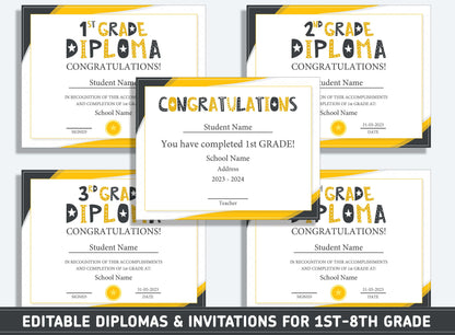 Editable Seventh Grade Diploma, 1st to 8th Grade Diploma, Certificate of Completion & Invitation, PDF File, Instant Download