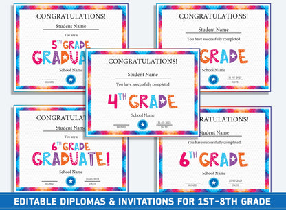Editable Sixth Grade Diploma, 1st to 8th Grade Diploma, Certificate of Completion & Invitation, PDF File, Instant Download