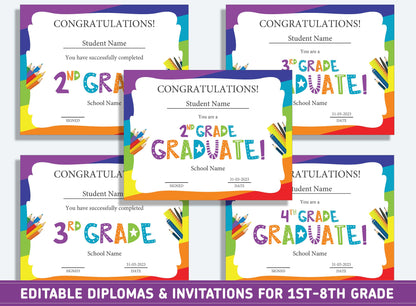 Editable Second Grade Diploma, 1st to 8th Grade Diploma, Certificate of Completion & Invitation, PDF File, Instant Download