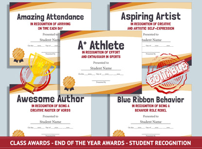 Editable Last Day of School Certificate, End of the Year Awards, Student Recognition, PDF File, Instant Download