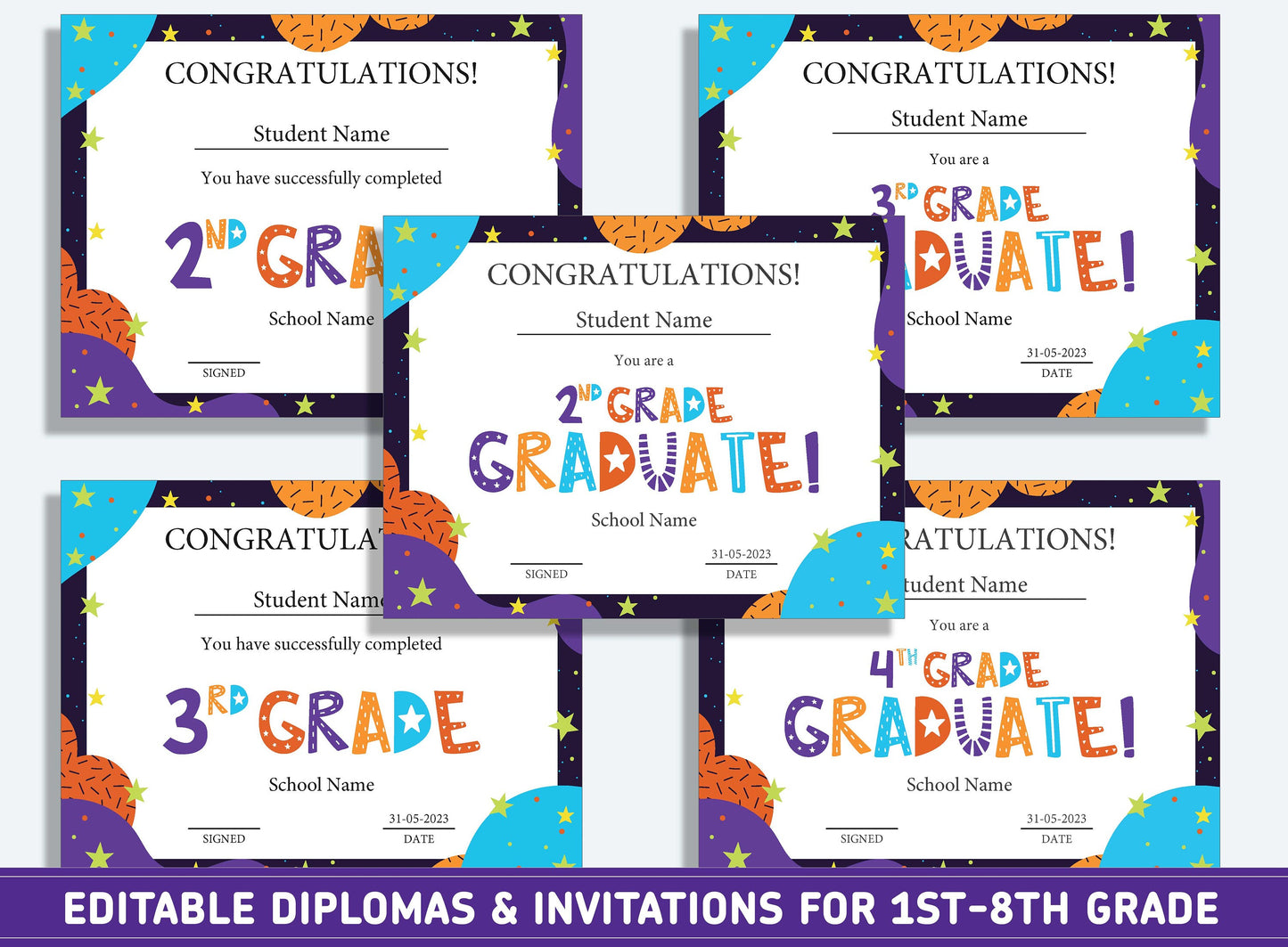 Editable Second Grade Certificate, 1st to 8th Grade Diploma, Certificate of Completion & Invitation, PDF File, Instant Download