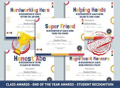 Editable Classroom Awards for Middle and High School Students, End of School Year Awards, Student Recognition, PDF File, Instant Download