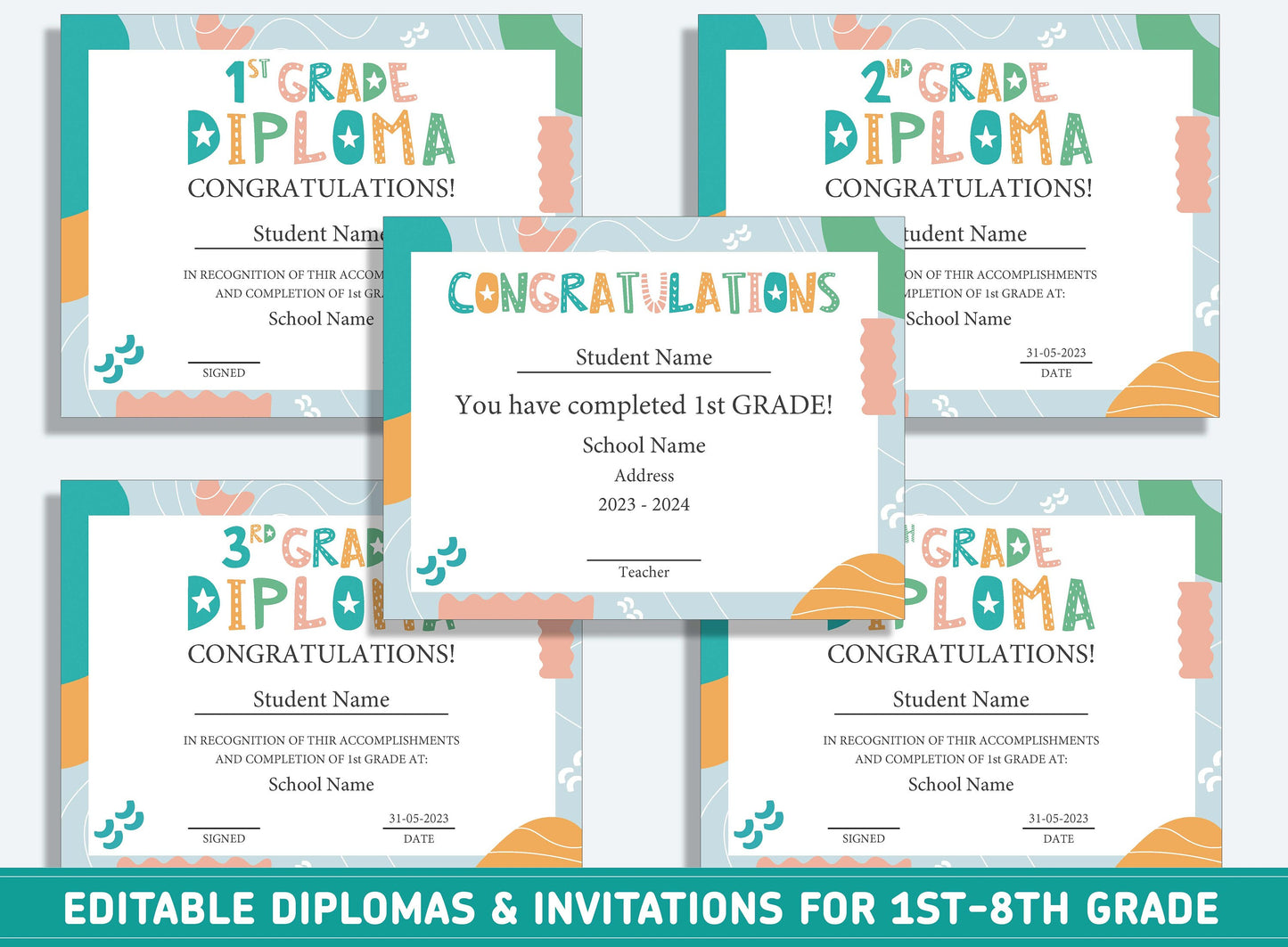 Editable 3rd Grade Certificate, 1st to 8th Grade Diploma, Certificate of Completion & Invitation, PDF File, Instant Download