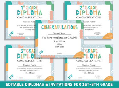 Editable 3rd Grade Certificate, 1st to 8th Grade Diploma, Certificate of Completion & Invitation, PDF File, Instant Download