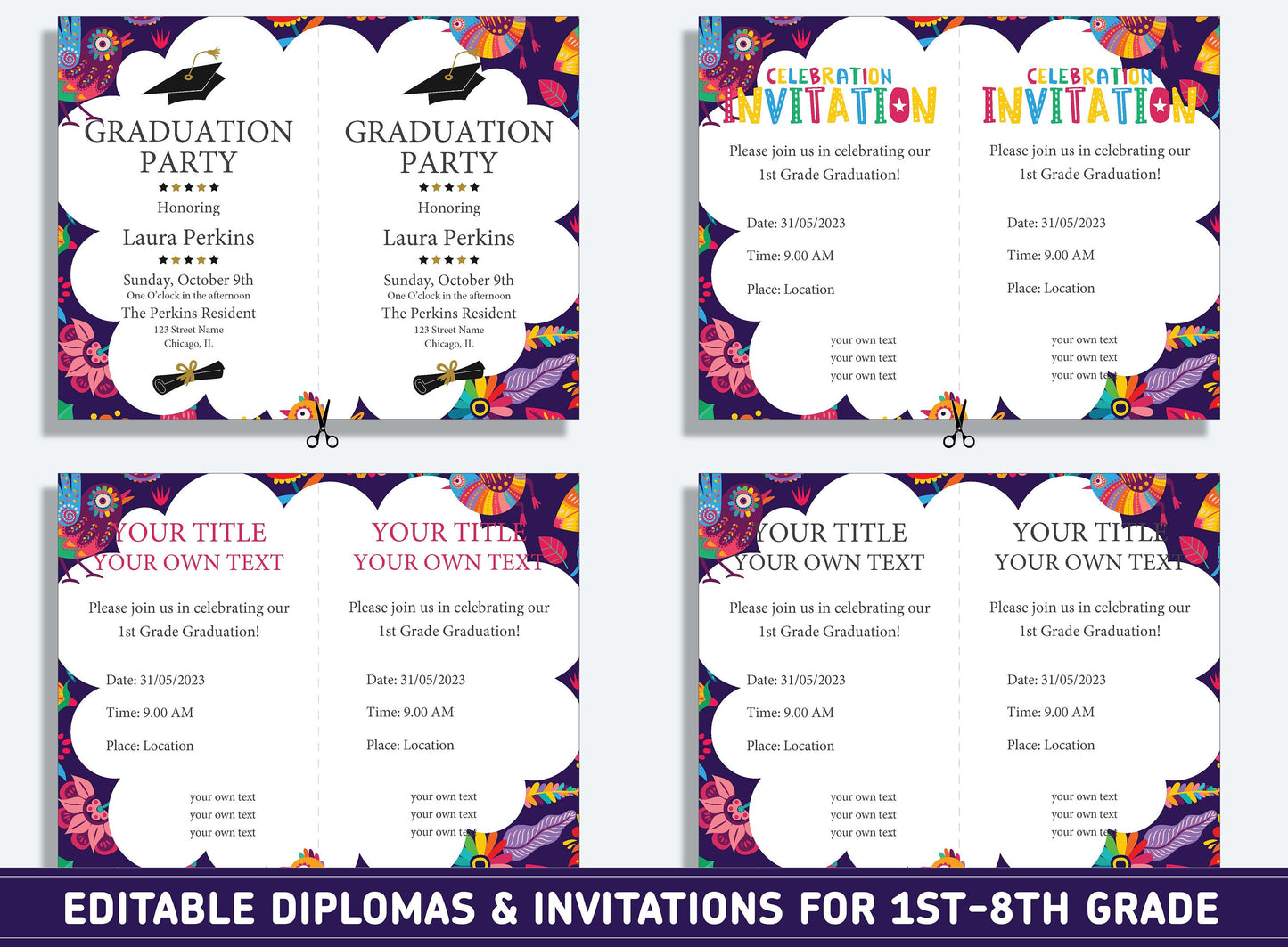 Editable 4th Grade Certificate, 1st to 8th Grade Diploma, Certificate of Completion & Invitation, PDF File, Instant Download