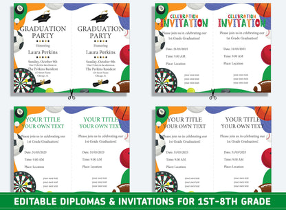 Editable 5th Grade Certificate, 1st to 8th Grade Diploma, Certificate of Completion & Invitation, PDF File, Instant Download