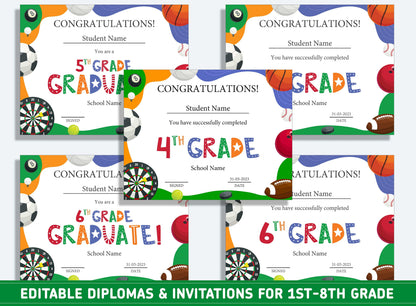 Editable 5th Grade Certificate, 1st to 8th Grade Diploma, Certificate of Completion & Invitation, PDF File, Instant Download
