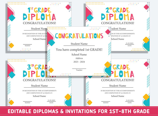 Editable 6th Grade Certificate, 1st to 8th Grade Diploma, Certificate of Completion & Invitation, PDF File, Instant Download