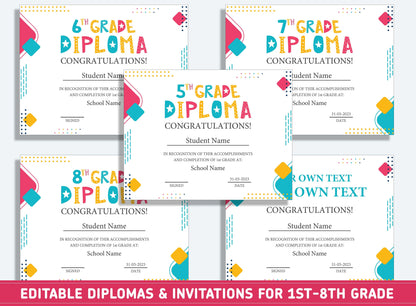 Editable 6th Grade Certificate, 1st to 8th Grade Diploma, Certificate of Completion & Invitation, PDF File, Instant Download